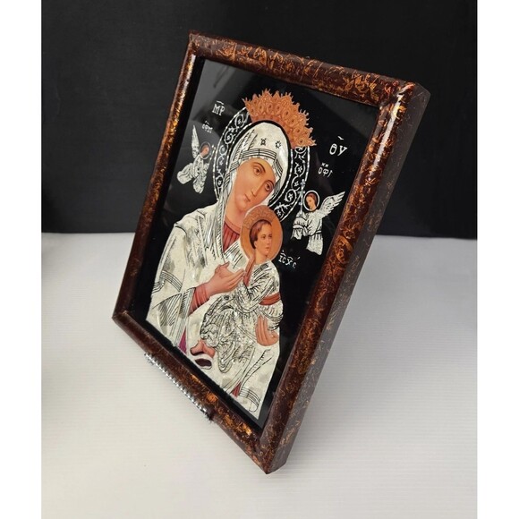 Byzantine Orthodox Icon Theotokos Madonna & Child Mother of Pearl Inlay Framed - Picture 5 of 13